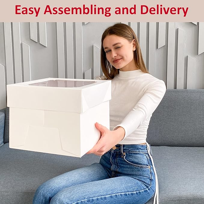 10x10x8 Bulk 15 Pcs Tall Multi-Layer Cake Boxes 10 Inch with Window Clear Bakery Box Square White Large Disposable Pie Boxes Package for Bake Decorating Supplies Pastry Box (80 Pcs Stickers)