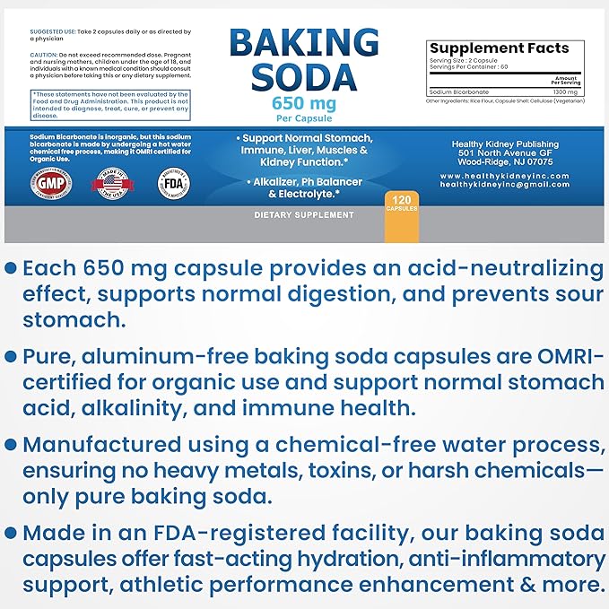 Natural Baking Soda Capsules - 650mg Baking Soda Tablets for Kidney & Stomach Acid - Sodium Bicarbonate Pills, Bicarbonate of Soda, Bicarbonato de Sodio para Tomar, Sodium Bicarbonate 650 mg Tablets