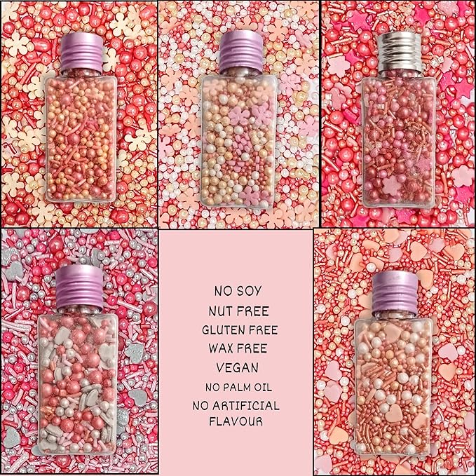 Confect Pretty in Pink, Gold & White Flower & Pearl Sprinkles Mix – Heart & Star Edible Sprinkles for Cakes, Cupcakes, Cookies – Valentine’s Day Baking Decorations – Pack of 5 - Vegan, Gluten-Free, Nut-Free, Soy-Free, Dairy-Free, Palm Oil-Free- 5 Oz