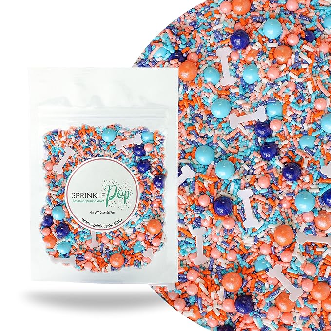 Sprinkle Pop Oh Biscuits! Sprinkle Mix | Blue Orange White Peach Sprinkles with ~10 Dog Bones Wafer Papers| Bluey Themed Sprinkles Made in USA for Decorating Birthday Cakes Cookies Cupcakes, 2oz