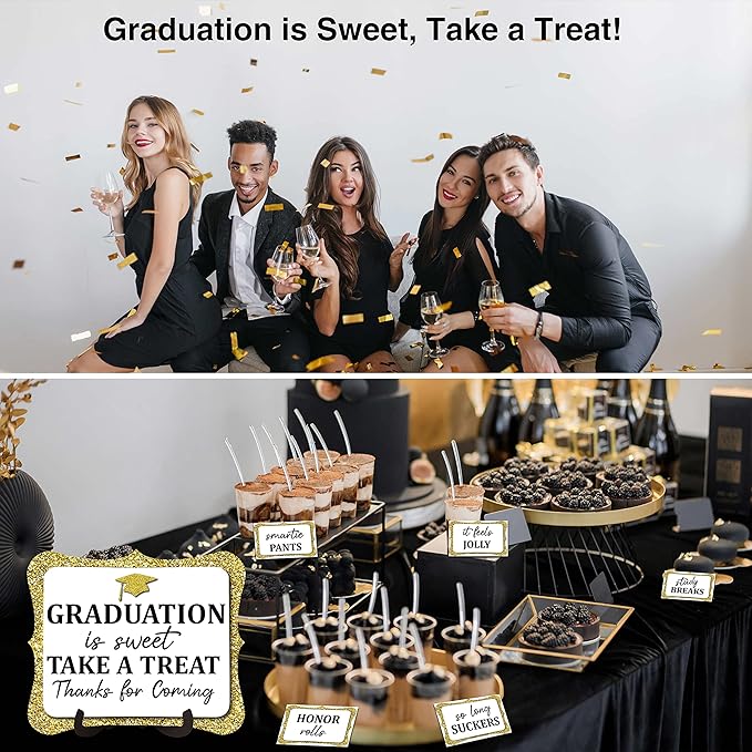 20PCS Graduation Candy Buffet Labels, 1 Gold Glitter Candy Buffet Table Sign with Stand, Catering Supplies Display for Graduation Decorations Class of 2026 -A05