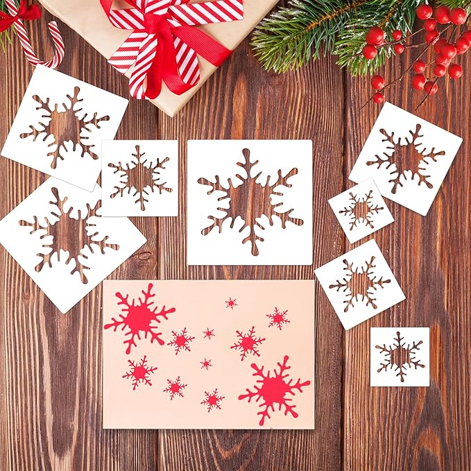 Christmas Stencils 8 PCS Snowflake Stencil Plastic Reuseable Stencils Xmas Deco for Painting,Spraying,Drawing on Wall,Wood,Flag,Paper,Glass