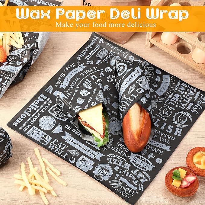 200 Pcs Deli Wax Paper Sheets 15 x 15 Inch Large Newsprint Sandwich Paper Wraps Greaseproof Food Basket Liners Newspaper Wrapping Square for Halloween Christmas Burger Bread BBQ Picnic (Black White)