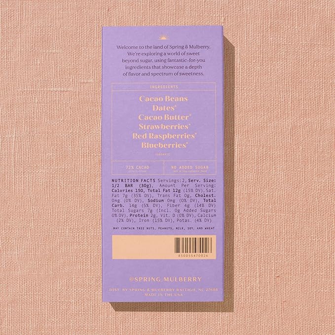 Spring & Mulberry Dark Chocolate Bars – Healthy Dark Chocolate, Date-Sweetened - Mixed Berry 12 Pack