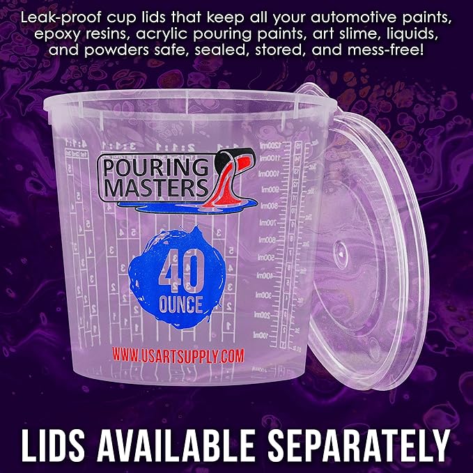 Pouring Masters 40 Ounce (1200ml) Graduated Plastic Mixing Cups (Box of 24) - Paint Mixing Cups for Epoxy Resin, Art, Kitchen, Baking - Measurements in OZ and ML, 4 Different Measuring Ratios 1:1