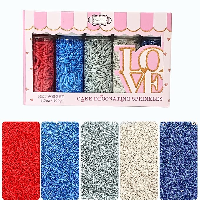 Confect Edible Christmas Sprinkles | Assorted Pack of 5 Mix Patriotic Red, White, Blue & Silver Jimmies | Sprinkles For Cake & Cupcake Decorations | Vegan, Gluten-Free, Soy-Free, Dairy-Free, Palm Oil-Free- 5 Oz
