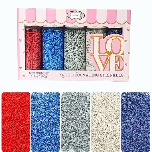 Confect Edible Christmas Sprinkles | Assorted Pack of 5 Mix Patriotic Red, White, Blue & Silver Jimmies | Sprinkles For Cake & Cupcake Decorations | Vegan, Gluten-Free, Soy-Free, Dairy-Free, Palm Oil-Free- 5 Oz