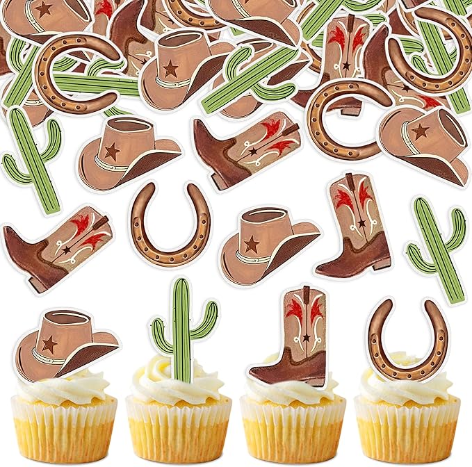 40Pcs Edible Cowboy Cupcake Toppers Glitter Cowgirl Hat and Boot Cupcake Toppers Picks Western Theme Baby Shower Kids Birthday Party Supplies