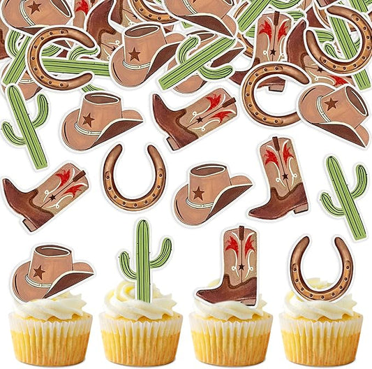 40Pcs Edible Cowboy Cupcake Toppers Glitter Cowgirl Hat and Boot Cupcake Toppers Picks Western Theme Baby Shower Kids Birthday Party Supplies