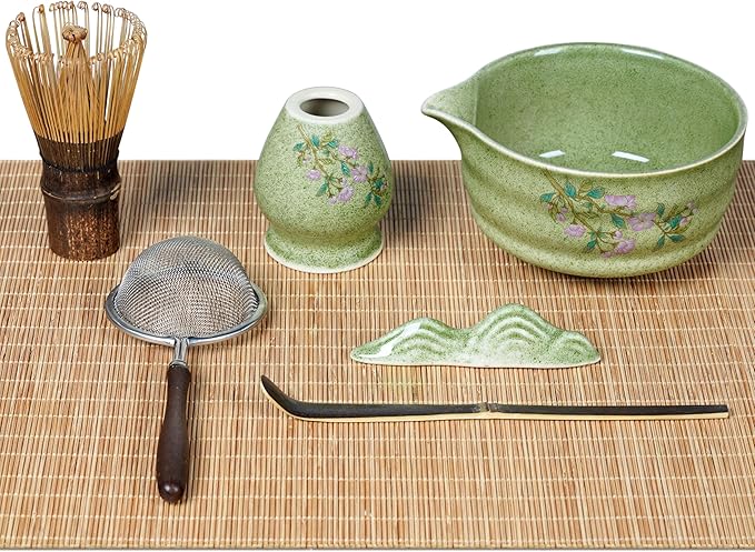 7-Piece Matcha Set, Ceramic Matcha Bowl, Bamboo Whisk (Chasen), Whisk Holder, Sifter, Tea Scoop & Scoop Rest, Special Bamboo Tea Mat, Harmonious Color Matcha Making Kit, Green