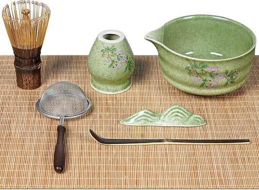 7-Piece Matcha Set, Ceramic Matcha Bowl, Bamboo Whisk (Chasen), Whisk Holder, Sifter, Tea Scoop & Scoop Rest, Special Bamboo Tea Mat, Harmonious Color Matcha Making Kit, Green