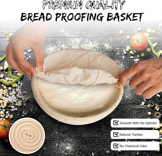 2 Pack Bread Proofing Baskets for Sourdough – 9 Inch Round Banneton Bowls with Linen Liners – Natural Rattan Dough Rising Baskets for Artisan Bread, Home & Bakery