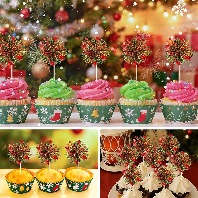 24Pcs Christmas Cupcake Toppers, Merry Christmas Foil Firework Cupcake Toppers Tinsel Drink Picks Winter Supplies Favor