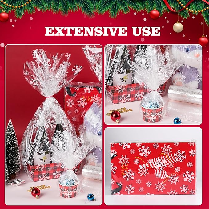 Kolewo4ever 100 Ft X 32 in Christmas Cellophane Wrap Roll Snowflake Clear Wrapping Paper Cellophane Bags Thick Snowflake Wrap Cellophane for Christmas Gift Wrapping (Christmas Snowflake)