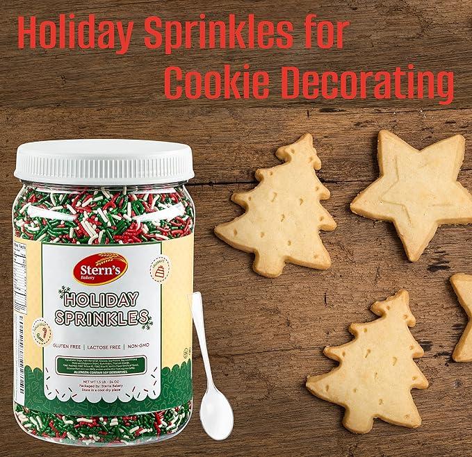 Christmas Sprinkles | 1.5 lb Holiday Jimmies | Red, White & Green Holiday Sprinkles for Baking, Cake Decorating | Dairy & Nut Free | Non-GMO | Stern’s Bakery