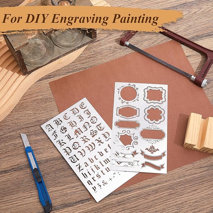 Lewtemi 8 Pcs 4 x 7 Inch Metal Letter Number Stencils Stainless Steel Metal Alphabet Stencils for Engraving Painting Journaling Bookmark Flower Vines DIY(Stylish Style)