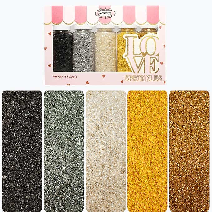 Confect Sparkling Sugar Sprinkle Mix – Edible Black, Silver, White, Yellow & Champagne Gold Sugar Crystals – Decorative Baking Toppings for Cakes, Cupcakes & Cookies – Vegan, Gluten-Free, Nut-Free, Soy-Free, Dairy-Free, Palm Oil-Free -Dye-Free-5 Oz