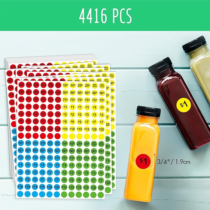 4416 PCS Pre-Priced Pricing Stickers, Sale Labels in 4 Bright Colors (Yellow/Red/Green/Cyan), Price Tag Stickers for Yard/Garage Sale, Flea Market (3/4” in Diameter)