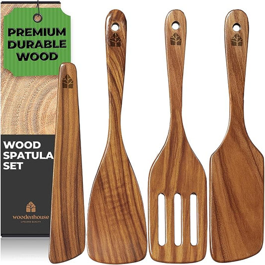 Wooden Spatula for Cooking, Teak Spatulas for Kitchen Use - Wooden Cooking Utensils Set of 4 including Paddle, Turner, Slotted Spurtle and Wood Scraper. Nonstick cookware.