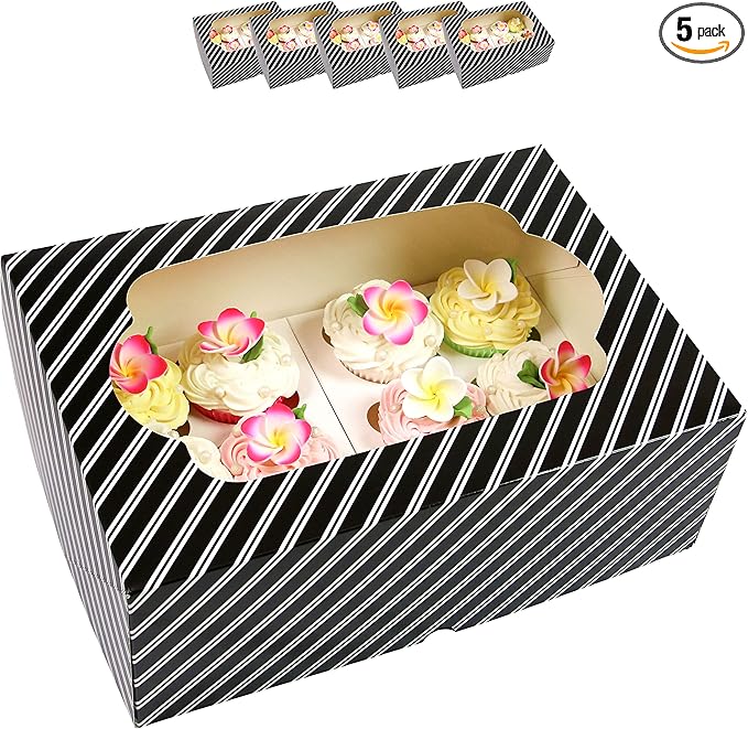 Global Sugar Art Popup Quarter Sheet Cake & 12 Cupcake Box with Window and Cupcake Insert, Black and White Stripe 14 x 10 x 4 Inches, 5 Count. For 9 x 13 sheet cakes, cookies, pastries, desserts.