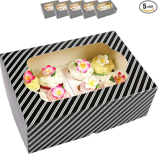 Global Sugar Art Popup Quarter Sheet Cake & 12 Cupcake Box with Window and Cupcake Insert, Black and White Stripe 14 x 10 x 4 Inches, 5 Count. For 9 x 13 sheet cakes, cookies, pastries, desserts.