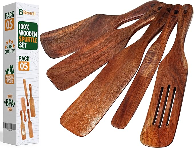 Wooden Spurtle Set - 5 PCS of Different Spurtles As Seen on TV - Wooden Kitchen Tools for Cooking in Nonstick Cookware, for Salad Mixing, Serving, Spreading, Stirring & Folding