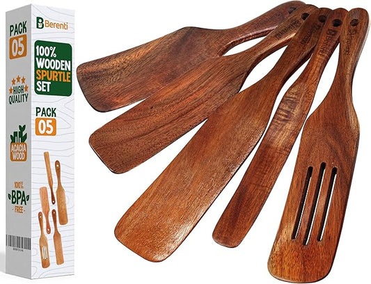 Wooden Spurtle Set - 5 PCS of Different Spurtles As Seen on TV - Wooden Kitchen Tools for Cooking in Nonstick Cookware, for Salad Mixing, Serving, Spreading, Stirring & Folding