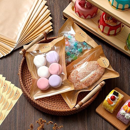 Outus 240 Pcs Cookie Packaging Bags with Seal, 5.1 x 7.5 Inch Bakery Pastry Bags with Window, Heat Sealable Grease Resistant Paper to Go Bake Sleeves for Gift Giving Donut Bread Sandwich (Brown)