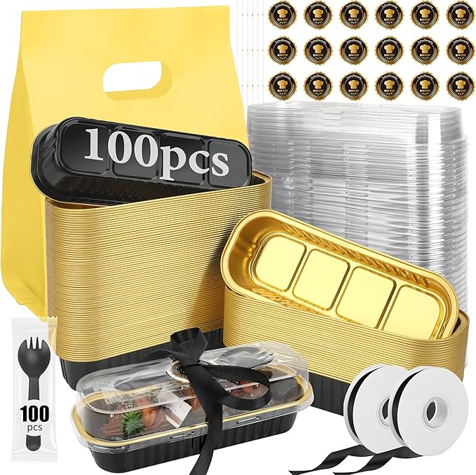 OcePor 100 Pack Mini Loaf Pans With Lids，Mini Cake Pans With Lids and Spoons，6.8oz Bread Loaf Pans Disposable，Small Aluminum Cake Tins,Baking Pans Individual (Black&Gold)