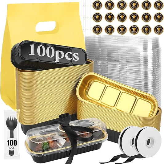 OcePor 100 Pack Mini Loaf Pans With Lids，Mini Cake Pans With Lids and Spoons，6.8oz Bread Loaf Pans Disposable，Small Aluminum Cake Tins,Baking Pans Individual (Black&Gold)