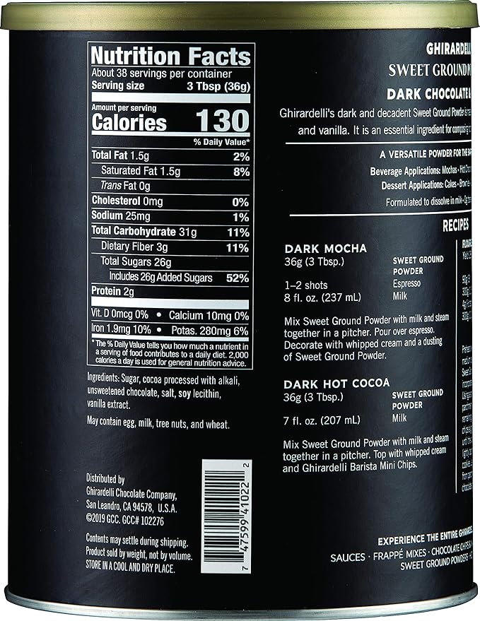 Ghirardelli Sweet Ground Dark Chocolate & Cocoa Powder, 3 Pound Can (Pack of 1) with Ghirardelli Stamped Barista Spoon