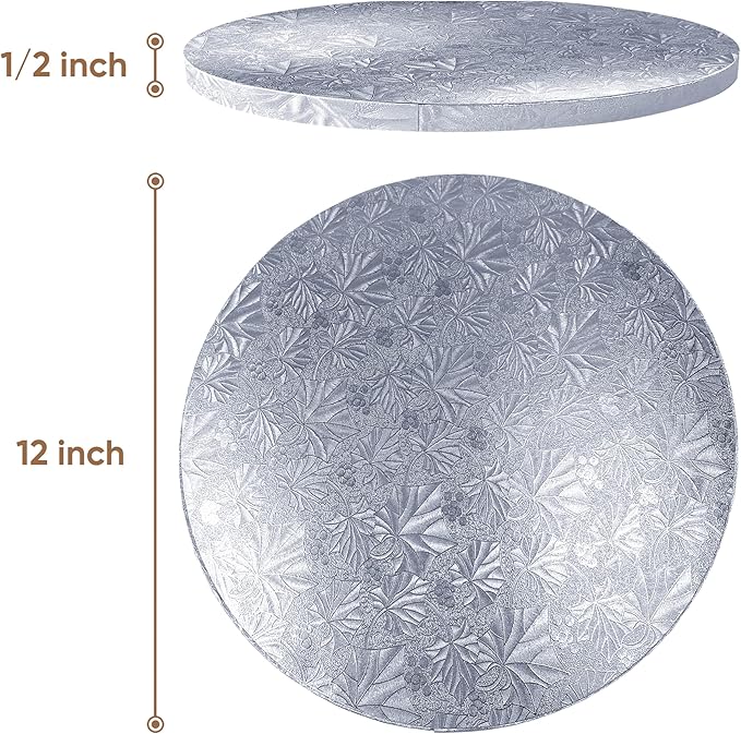 Cakebon Cake Boards - Sturdy 1/2 Inch Thick Drums - 12 Inch Professional Smooth Straight Edges Silver 6-Pack