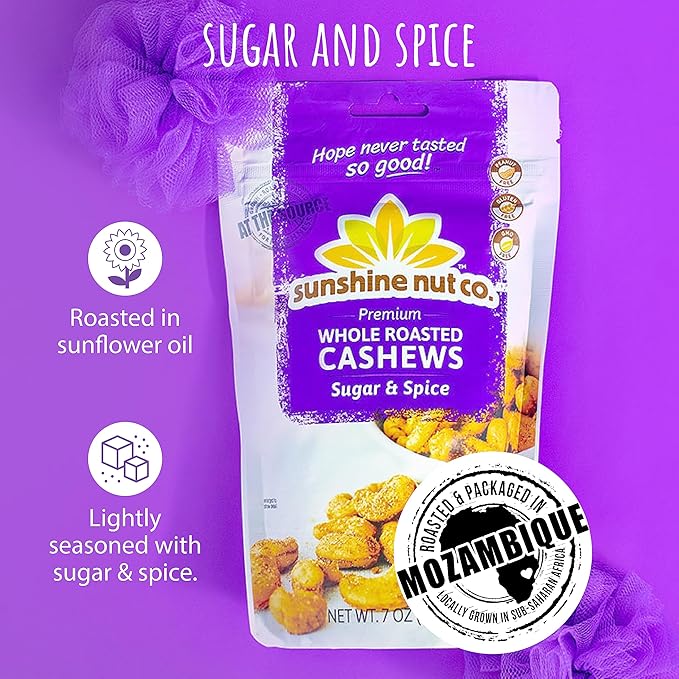 Sunshine Nut Company Whole Roasted Lightly Salted Cashews, Sugar and Spice Flavor, 6 Pack, 7 oz. Each, Gluten Free, Peanut Free and Vegan Individual Snack Packs for Kids and Adults, GMO Free