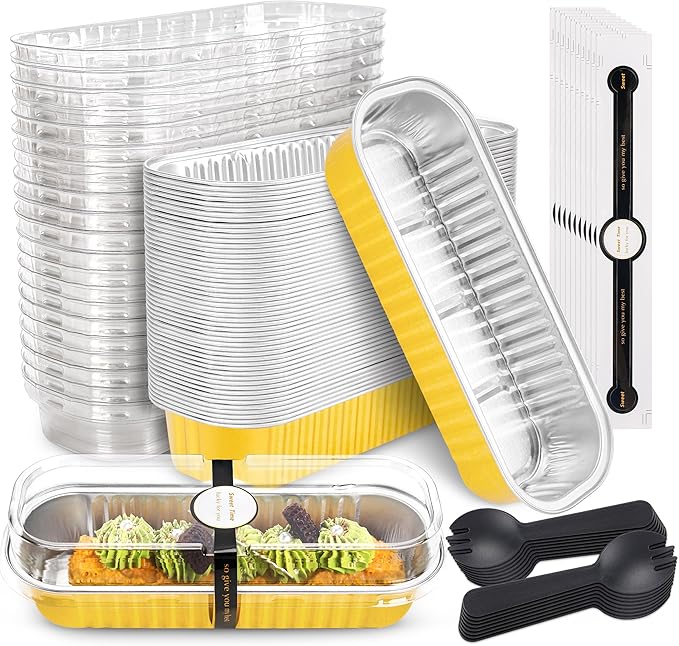 50 Pack Mini Cake Pans with Lids and Spoons Gold Rectangular Aluminum Foil Baking Pans Mini Cheesecake Containers(6.8oz)