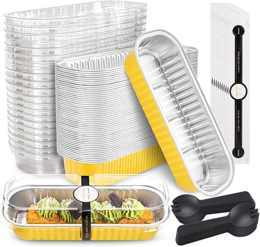 50 Pack Mini Cake Pans with Lids and Spoons Gold Rectangular Aluminum Foil Baking Pans Mini Cheesecake Containers(6.8oz)