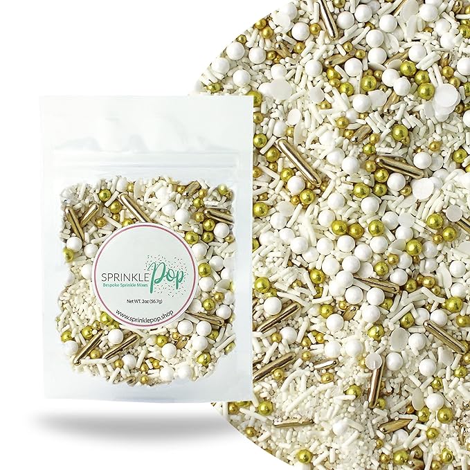Wedding White Sprinkle Mix| Made In USA By Sprinkle Pop| Pastel White Sprinkles With Gold Metallics Dragees| Sprinkles For Decorating Bridal Shower Wedding Anniversary Party Cupcakes Cake Cookies, 2oz