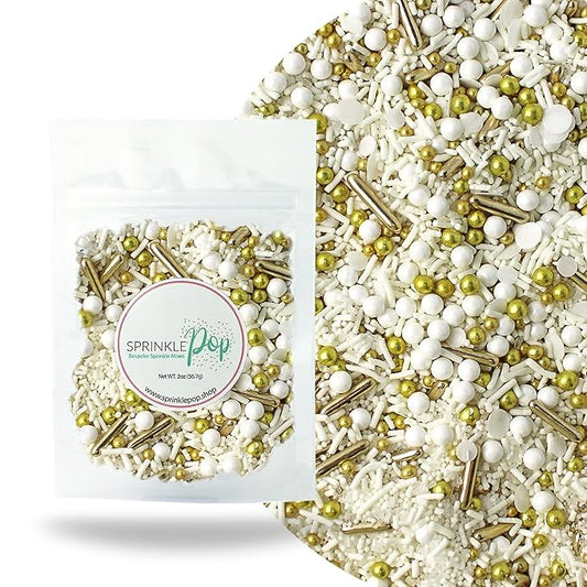 Wedding White Sprinkle Mix| Made In USA By Sprinkle Pop| Pastel White Sprinkles With Gold Metallics Dragees| Sprinkles For Decorating Bridal Shower Wedding Anniversary Party Cupcakes Cake Cookies, 2oz
