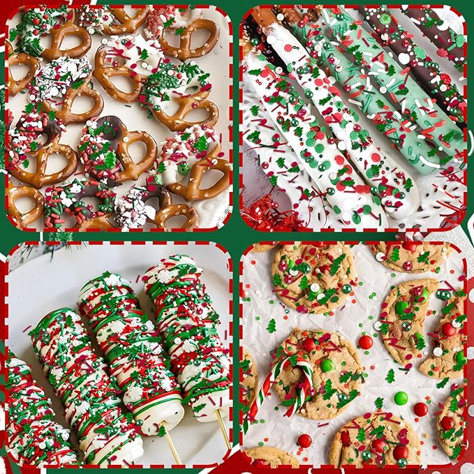 Christmas Sprinkles Red Green White Sprinkle Edible Christmas Tree Sprinkle Holiday Cake Sprinkles Sugar Pearls Jimmies Mix for Cake Baking Cookie Ice Cream Decorations - 8 Oz
