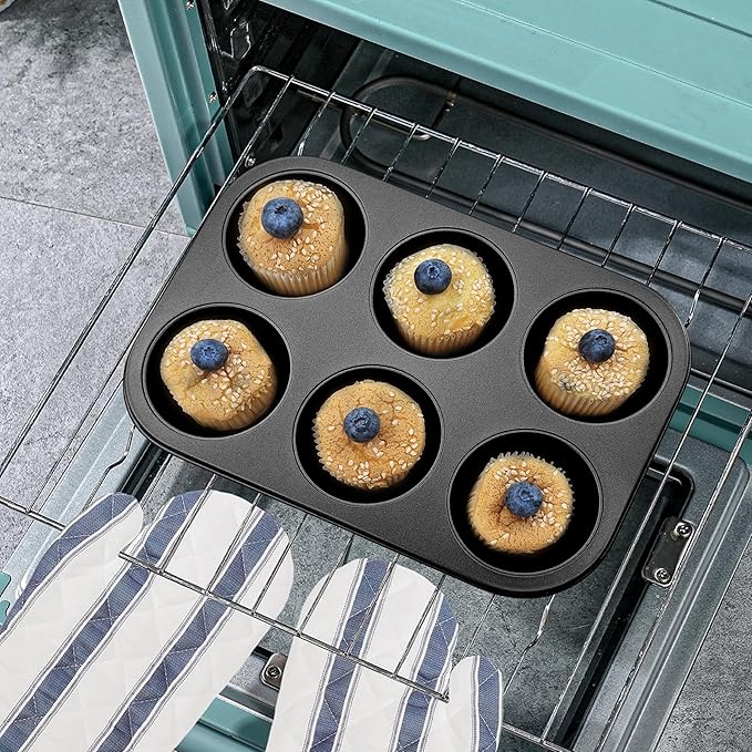 Satax Muffin Pan for Baking, Nonstick Cupcake Tin 6 Cup,sets of 2,Heavy Duty Steel Muffin Pan (Black, 6-cup)