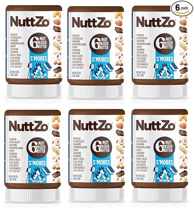 NuttZo S’mores Nut & Seed Butter – 16oz (Case of 6 Jars) | Creamy Blend with Peanuts, Cashews, Almonds, Graham Crackers, Dark Chocolate & Marshmallows | 5g Sugar, 6g Protein Nut Butter