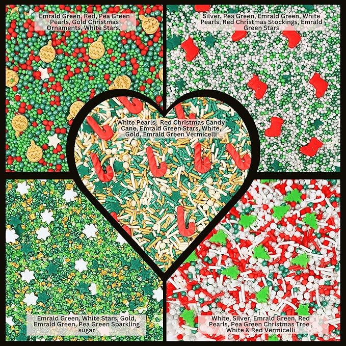 Confect Christmas Sprinkles | Christmas Sprinkles - Green White Silver Red & Gold Pearls Sparkling sugar I Christmas Tree Stocking & Candy Canes for Dessert Decorating- 5 Oz
