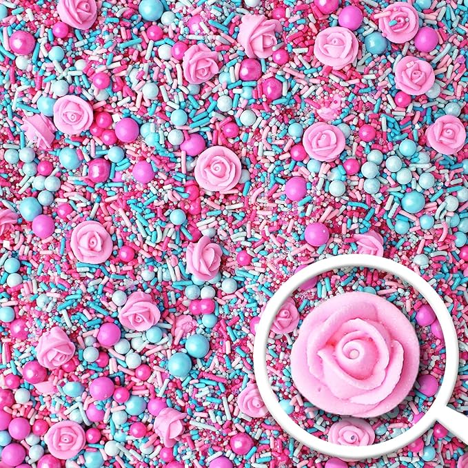 Sprinkle Pop Briar Rose Princess Sprinkle Mix| Pink and Blue Sprinkles with ~12 Hand Piped Royal Icing Roses| Birthday Sprinkles Made in USA for Decorating Cake Cupcakes Donuts Cookies Ice Cream, 4oz