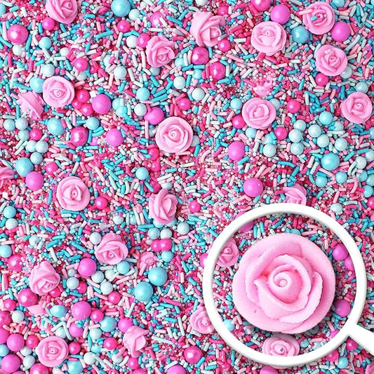 Sprinkle Pop Briar Rose Princess Sprinkle Mix| Pink and Blue Sprinkles with ~12 Hand Piped Royal Icing Roses| Birthday Sprinkles Made in USA for Decorating Cake Cupcakes Donuts Cookies Ice Cream, 4oz