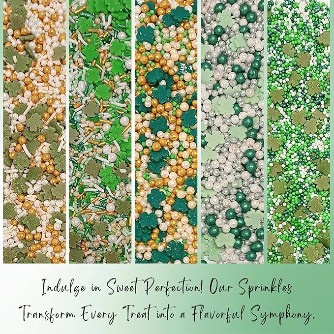 Confect St. Patricks Green ,White and Gold Pearl, Vermicelli Edible Sprinkles for Baking & Cake Decorative | Cookie Sprinkles mix Pack of 5 | Vegan, Gluten-Free, Nut-Free, Soy-Free, Dairy-Free, Palm Oil-Free - 5 Oz