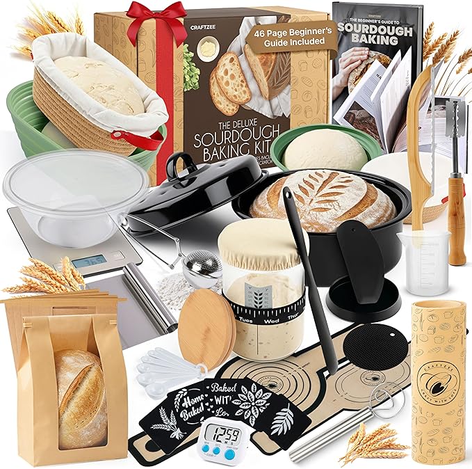 Super Deluxe All-Inclusive 𝗣𝗥𝗘𝗠𝗜𝗨𝗠 Sourdough Starter Kit with Pot. Sourdough Bread Baking Supplies, Scale, Oval & Round Baking Slings, 4 proofing Baskets, Bowl, Timer, Beginner Guide & Recipes