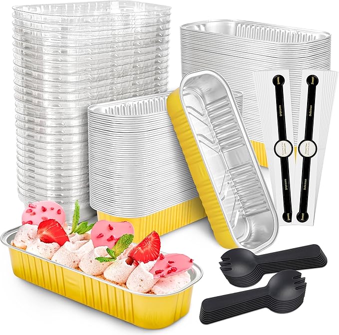 100 PACK Mini Cake Pans with Lids and Spoons, Rectangular Aluminum Foil Bread Pan, Mini Loaf Pans and Food Containers with Lids(Gold, 6.8oz)