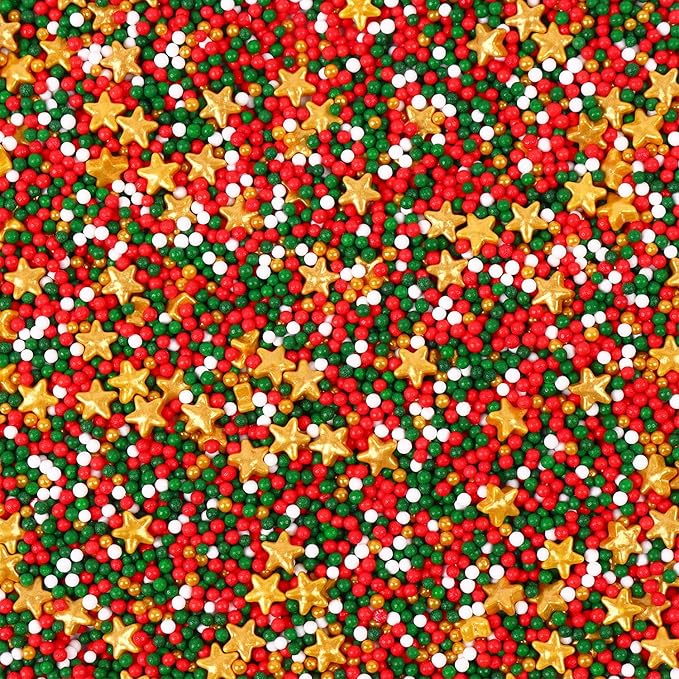 Christmas Nonpareils Sprinkles for Cake Decorating 4.2 Ounce Edible Gold Star Red and Green Holiday Sprinkles Mix for Cupcake Topper Ice Cream Candy Cookie Food Decorative Xmas Dessert