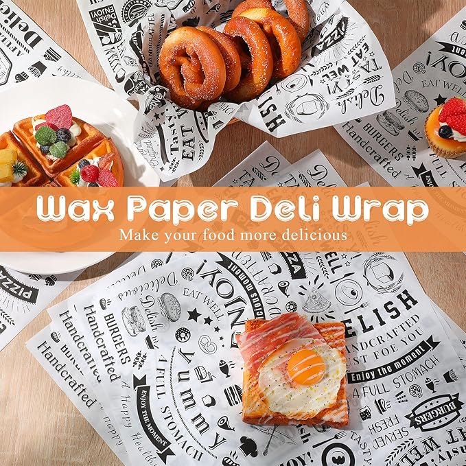 200 Pcs Deli Wax Paper Sheets 15 x 15 Inch Large Newsprint Sandwich Paper Wraps Greaseproof Food Basket Liners Newspaper Wrapping Square for Halloween Christmas Burger Bread BBQ Picnic (White Black)