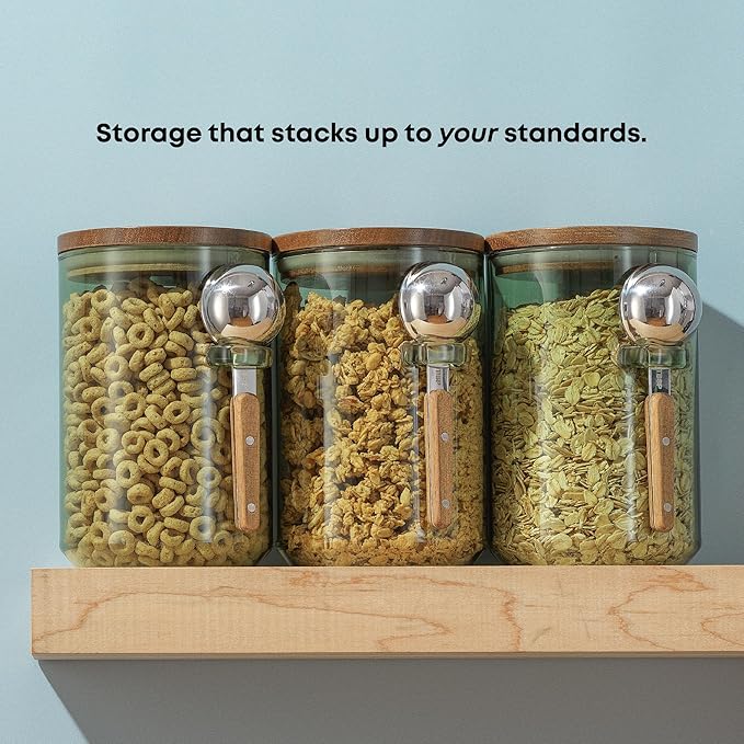 JoyJolt Holden 32oz Stackable Glass Storage Containers with Lids and Scoops, Airtight Food Canister Set of 3 w/Acacia Wood Lids, Round Stacking Pantry and Kitchen Containers w/Scoop | Sage Green