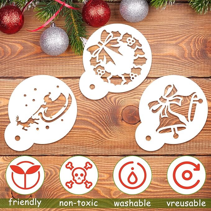 Chinco 30 Pieces Reusable Christmas Cookie Stencil Cake Templates Christmas Coffee Stencils Pet Plastic Cake Baking Painting Mould Tools for Airbrush Painting Dessert Coffee Cookies Decoration